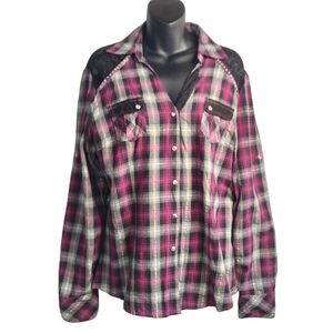 Adiktd Women's Plaid Pearl Snap Western Lace Trimmed Embellished Rodeo Shirt L